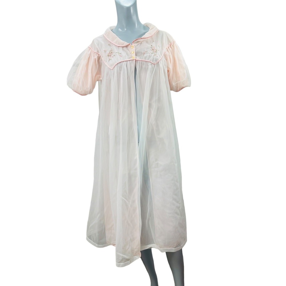 Vtg 34 Godfried Pink Nylon Robe‎ Floral Embroidery Union Made Mcm Retro Pin Up